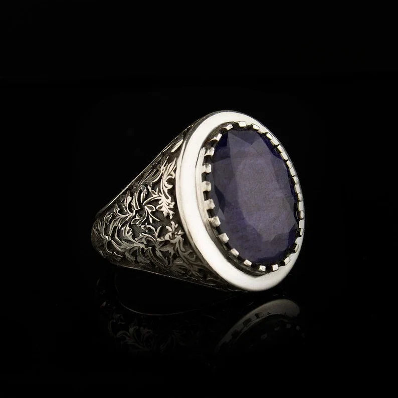 Gental Gems by Karat Kings | Unique Designed Turkish Style Ring with S Sapphire, Sterling Silver Oxidized Ring