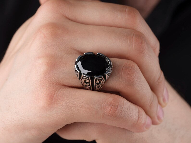 Gental Gems by Karat Kings | Unique Turkish Style Ring with Natural Black Onyx | Black Rhodium & Gold Plated Sterling Silver Ring