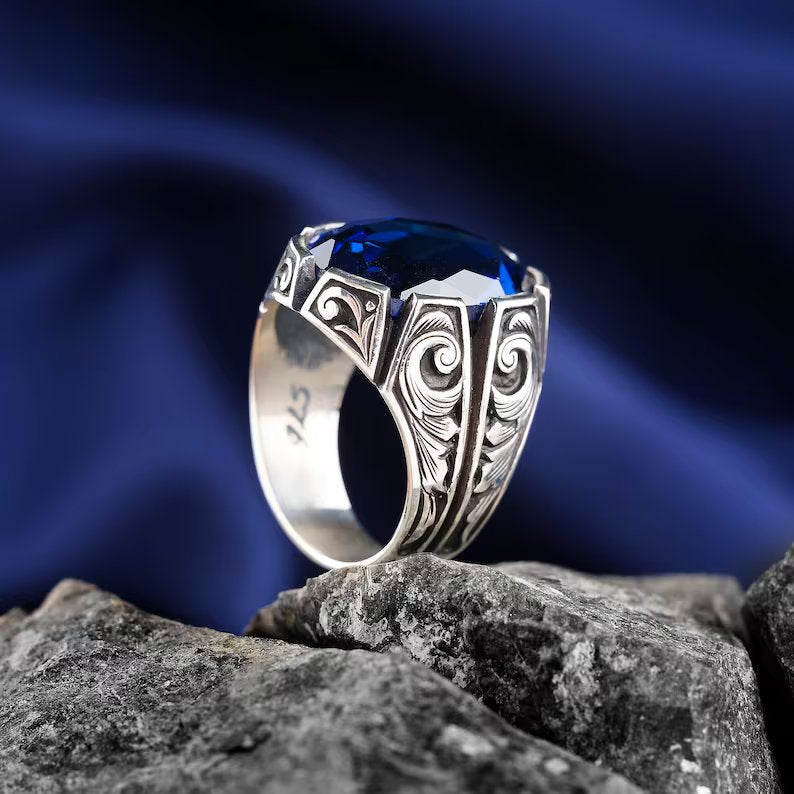 Gental Gems by Karat Kings | Unique Turkish Style Ring with Srilankan Blue Sapphire | Sterling Silver Oxidized Ring | Men's Jewelry | With Certificate of Authenticity and Hallmark