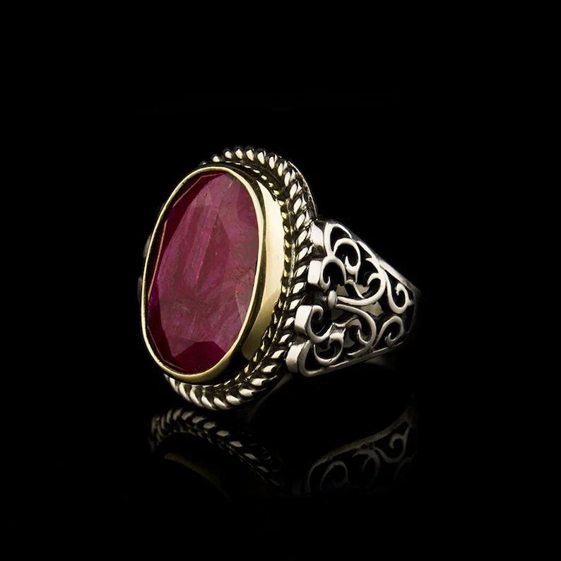 Gental Gems by Karat Kings | Unique Designed Turkish Style Heavy Ring with Natural Red Ruby | Gold Micron Plated Sterling Silver Oxidized Ring