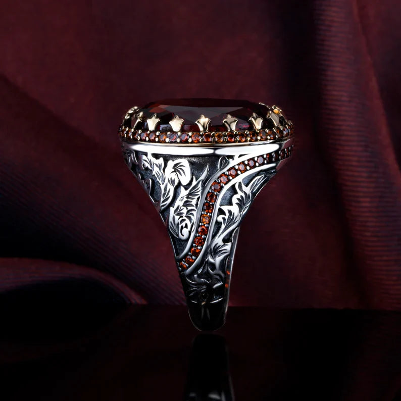 Gental Gems by Karat Kings | Unique Designed Ring with Natural Red Ruby | Sterling Silver Oxidized Ring | Men's Jewelry | With Certificate of Authenticity and Hallmark