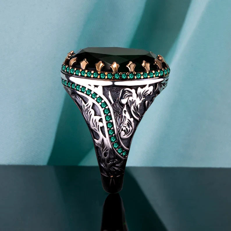 Unique Designed Turkish Style Ring with Natural Emerald | Sterling Silver Oxidized Ring