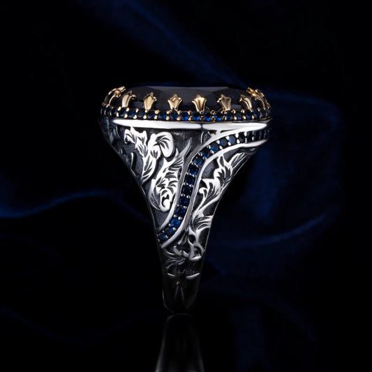 Gental Gems by Karat Kings | Unique Turkish Style Ring with Blue S Sapphire | Sterling Silver Oxidized Ring | Men's Jewelry | With Certificate of Authenticity and Hallmark