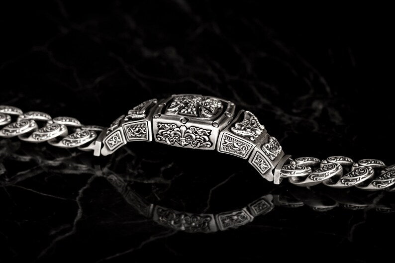Gental Gems by Karat Kings | 16mm Wide Solid Floral Textured Watch Shape Cross Miami Cuban Link With Artistic Cross Bracelet | Oxidised Sterling Silver Bracelet