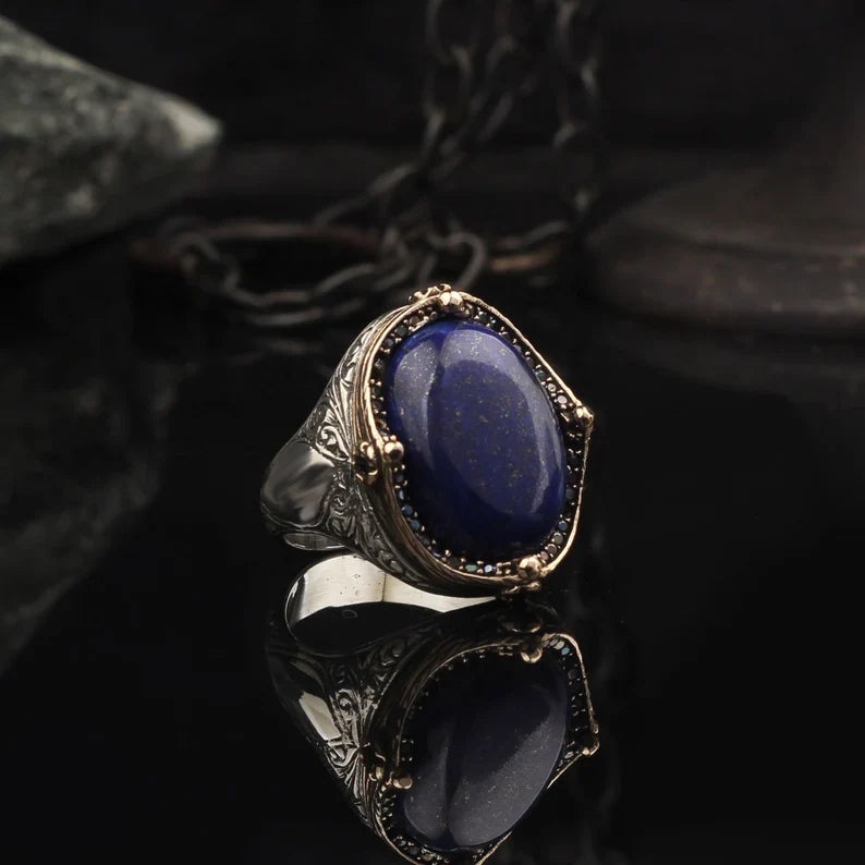 Gental Gems by Karat Kings | Unique Turkish Style Ring with Natural Blue Lapis Lazuli | Sterling Silver Oxidized Ring | Men's Jewelry | With Certificate of Authenticity and Hallmark