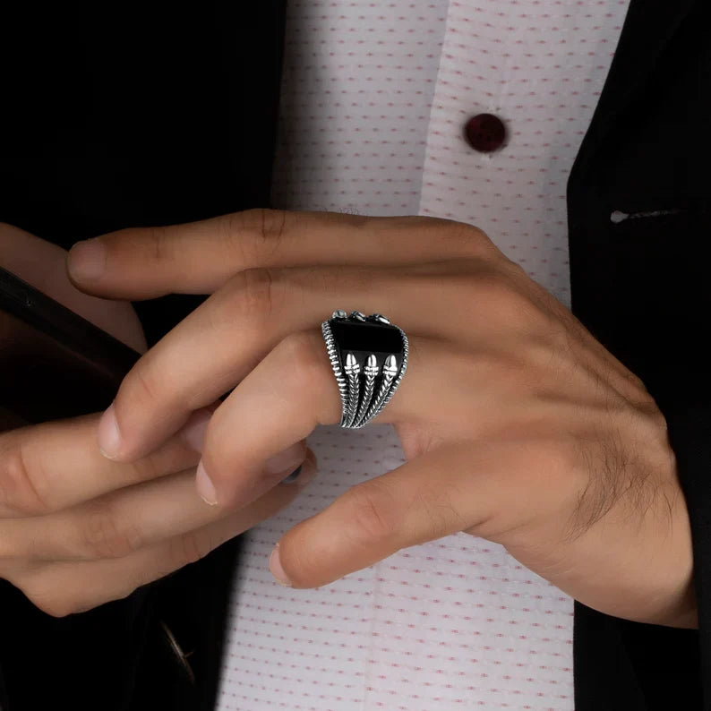 Gental Gems by Karat Kings | Unique Designed Turkish Style Curved Ring with Natural Black Onyx | Sterling Silver Ring