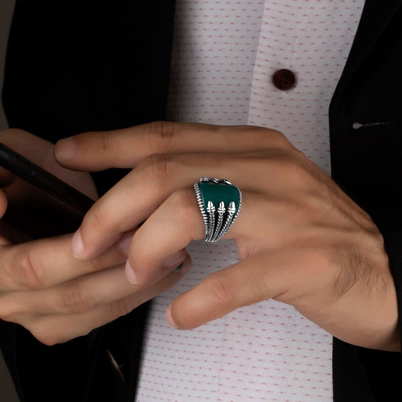 Gental Gems by Karat Kings | Unique Turkish Style Curved Ring with Green Onyx | Sterling Silver Oxidized Ring | Men's Jewelry | With Certificate of Authenticity and Hallmark