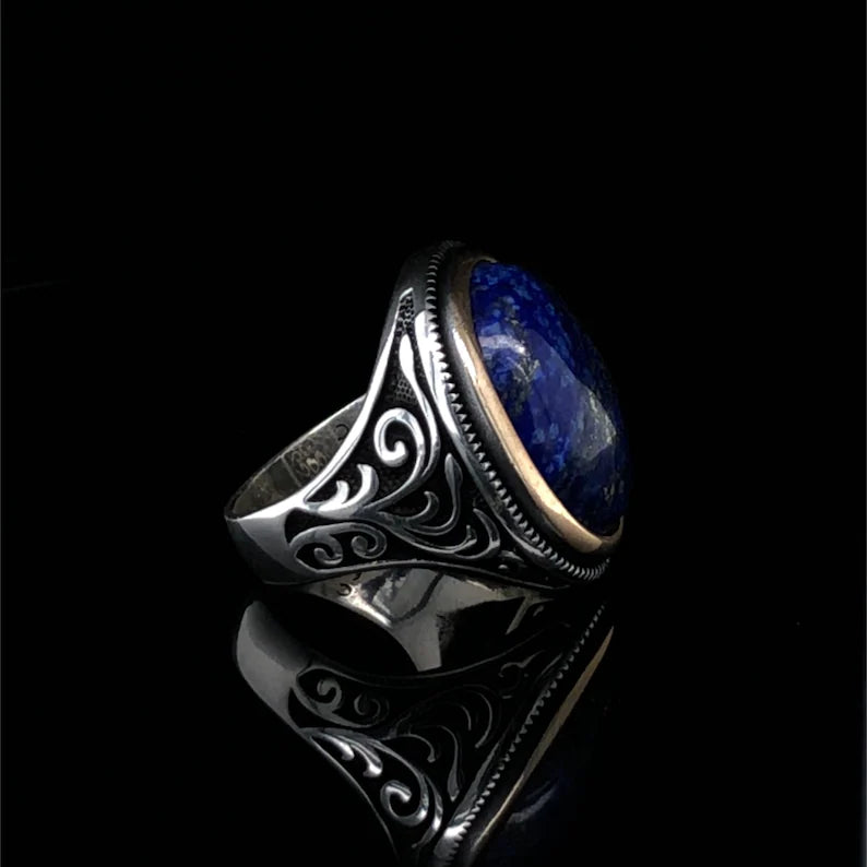 Gental Gems by Karat Kings | Unique Turkish Style Ring with Natural Blue Lapis Lazuli | Sterling Silver Oxidized Ring