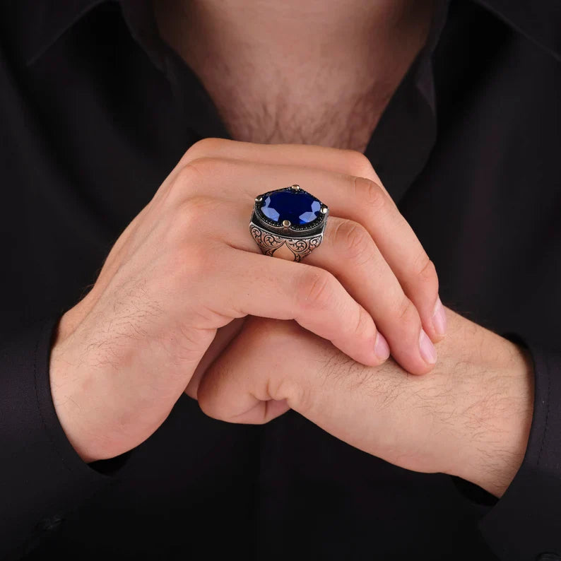 Gental Gems by Karat Kings | Unique Turkish Style Ring with Blue S Sapphire | Sterling Silver Oxidized Ring | Men's Jewelry | With Certificate of Authenticity and Hallmark