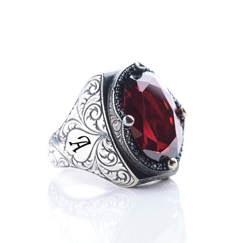 Gental Gems by Karat Kings | Unique Custom Name Style Ring with Natural Gomed | Sterling Silver Oxidized Ring | Men's Jewelry | With Certificate of Authenticity and Hallmark