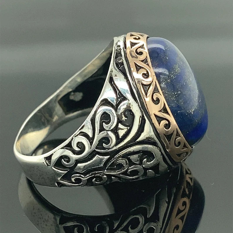 Gental Gems by Karat Kings | Unique Turkish Style Ring with Natural Blue Lapis Lazuli | Sterling Silver Oxidized Ring | Men's Jewelry | With Certificate of Authenticity and Hallmark