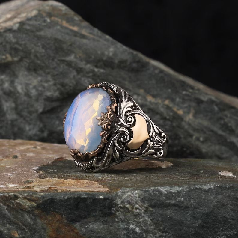 Gental Gems by Karat Kings | Unique Designed Turkish Style Ring with Natural Rainbow Moonstone | Sterling Silver Oxidized Ring | Men's Jewelry | With Certificate of Authenticity and Hallmark