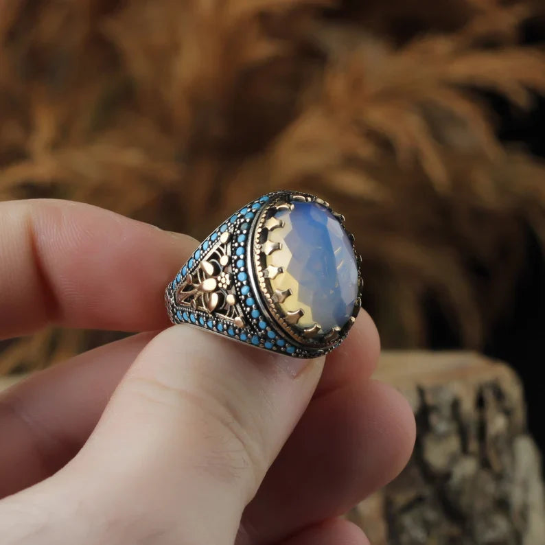 Gental Gems by Karat Kings | Unique Designed Turkish Style Ring with Natural Rainbow Moonstone | Sterling Silver Oxidized Ring | Men's Jewelry | With Certificate of Authenticity and Hallmark