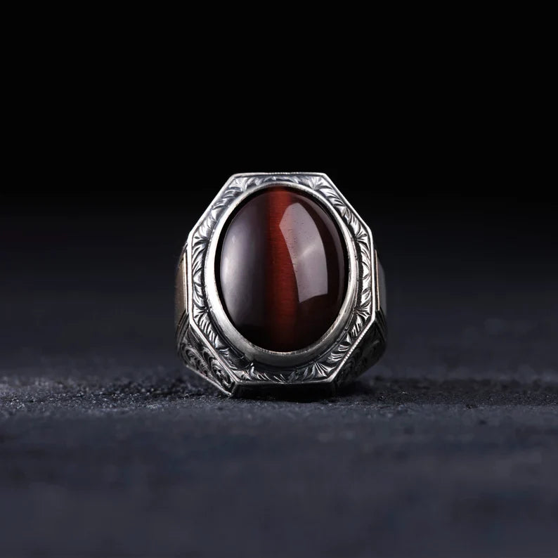 Gental Gems by Karat Kings | Unique Designed Turkish Style Ring with Natural Tiger Eye | Sterling Silver Oxidized Ring