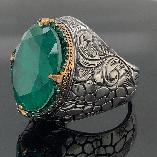 Unique Designed Turkish Style Ring with Natural Zambian Emerald | Sterling Silver Oxidized Ring | With Certificate of Authenticity and Hallmark