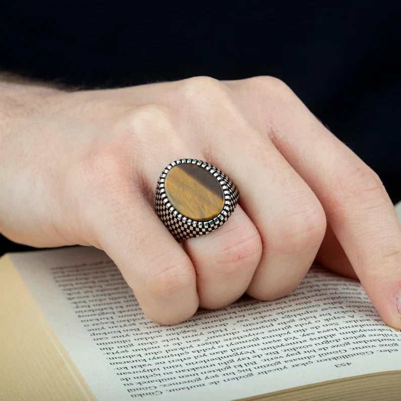 Gental Gems by Karat Kings | Unique Designed Turkish Style Ring with Natural Tiger Eye | Sterling Silver Oxidized Ring