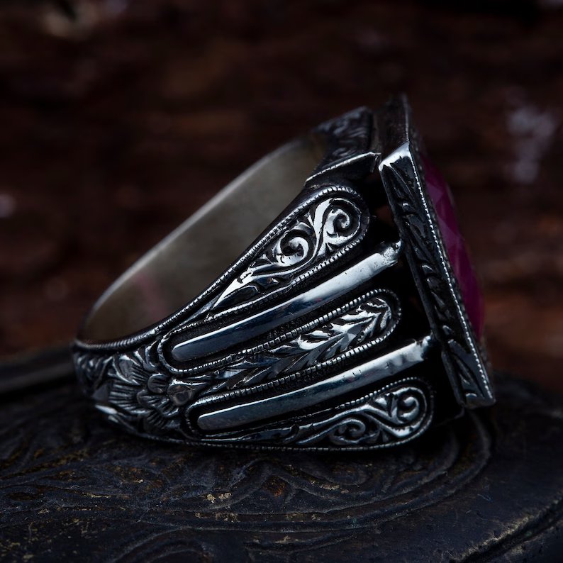 Gental Gems by Karat Kings | Unique Designed Turkish Style Heavy Ring with Natural Red Ruby | 22kt Gold Micron Plated Sterling Silver Oxidized Ring | Men's Jewelry | With Certificate of Authenticity and Hallmark