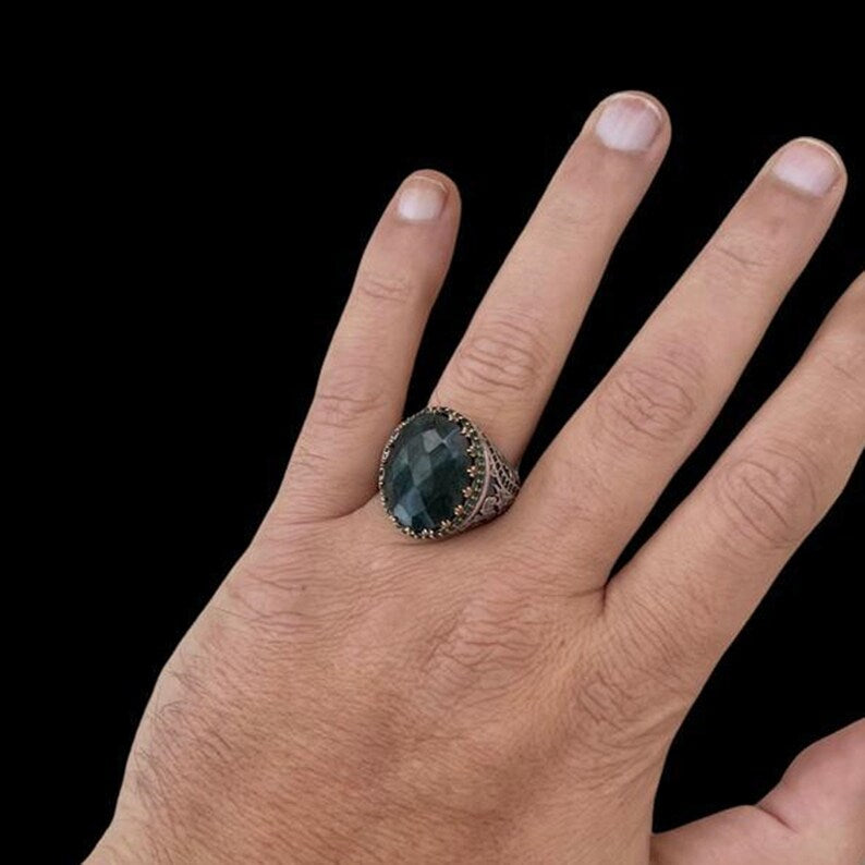 Unique Designed Turkish Style Ring with Natural Emerald | Sterling Silver Oxidized Ring |With Certificate of Authenticity and Hallmark