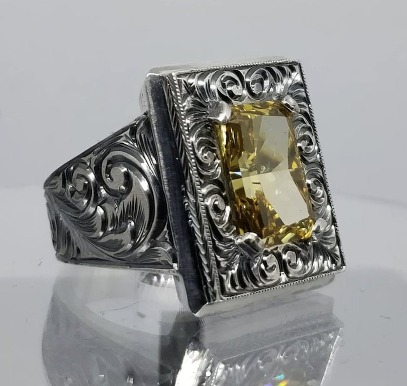 Gental Gems by Karat Kings | Unique Hand-Engraved Turkish Style Ring with AAA+ Natural Yellow Citrine, Sterling Silver Oxidized Ring | Men's Jewelry | With Certificate of Authenticity and Hallmark