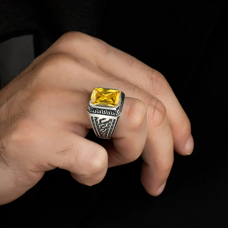 Gental Gems by Karat Kings | Unique Designed Turkish Style Ring with Natural Yellow Citrine , Sterling Silver Oxidized Ring