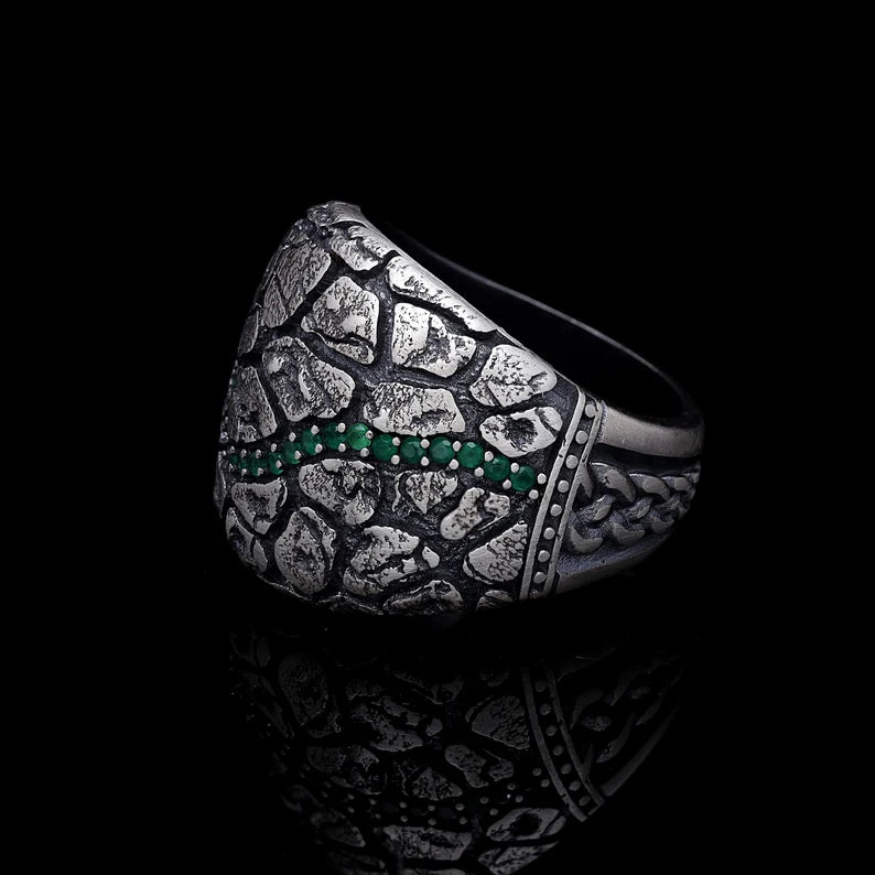 Gental Gems by Karat Kings | Unique Designed Turkish Style Ring with Emerald Stone | Sterling Silver Oxidized Ring | Men's Jewelry | With Certificate of Authenticity and Hallmark