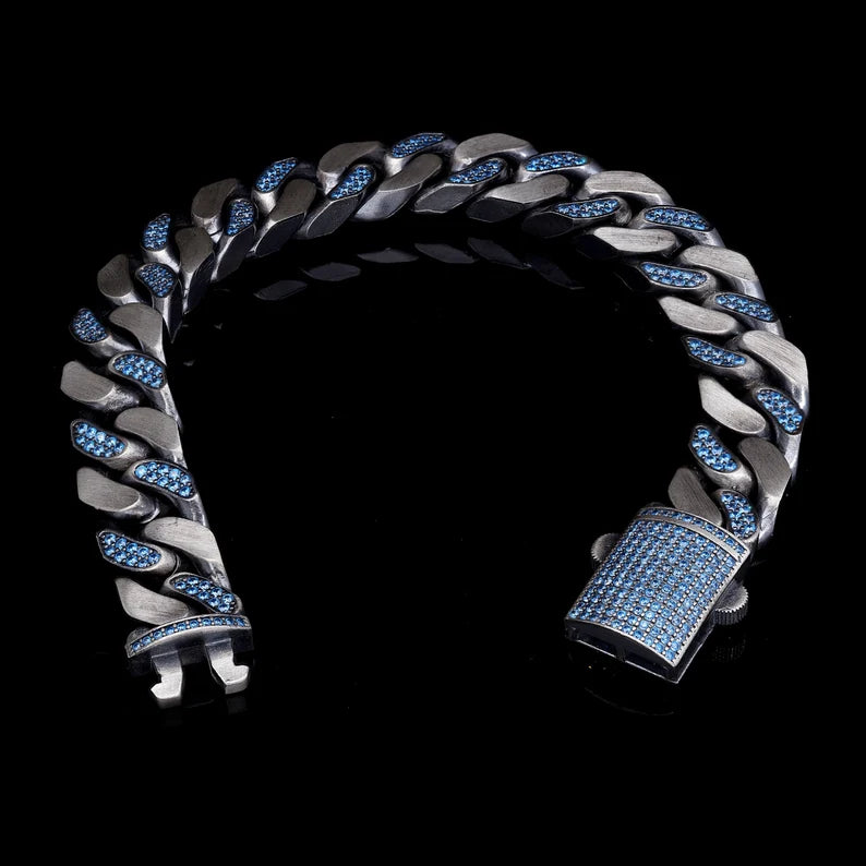 Gental Gems by Karat Kings | 14mm Unique Blue Iced Cuban Link Bracelet for Men | Dark Oxidized 925 Silver Bracelet Jewelry Authenticity and 925