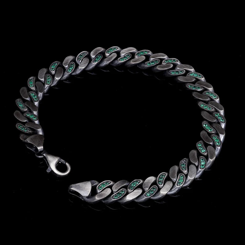 Gental Gems by Karat Kings | 14mm Unique Green Emerald Iced Cuban Link Bracelet for Men | Dark Oxidized 925 Silver Bracelet Jewelry Authenticity and 925