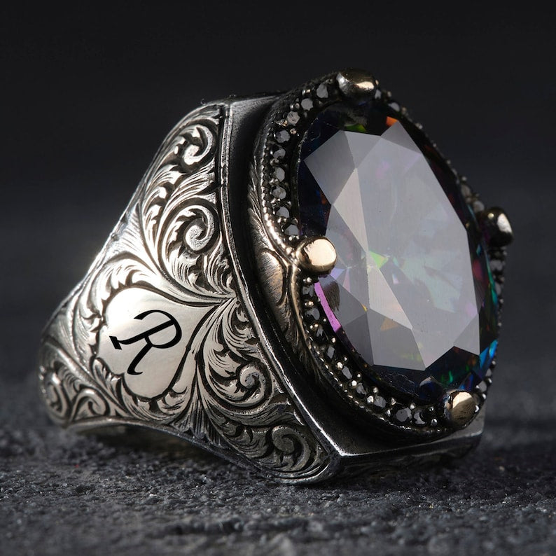 Gental Gems by Karat Kings | Custom Name Initials Turkish Style Ring with Multicolored Alexandrite | Sterling Silver Oxidized Ring | Men's Jewelry | With Certificate of Authenticity and Hallmark