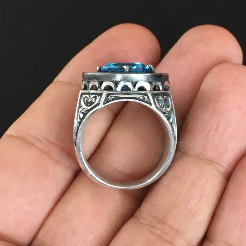Gental Gems by Karat Kings | Exclusively Designed Ring with AAA Cut Octagonal Blue Topaz | Sterling Silver Oxidized Hand-engraved Ring | Men's Jewelry | With Certificate of Authenticity and Hallmark