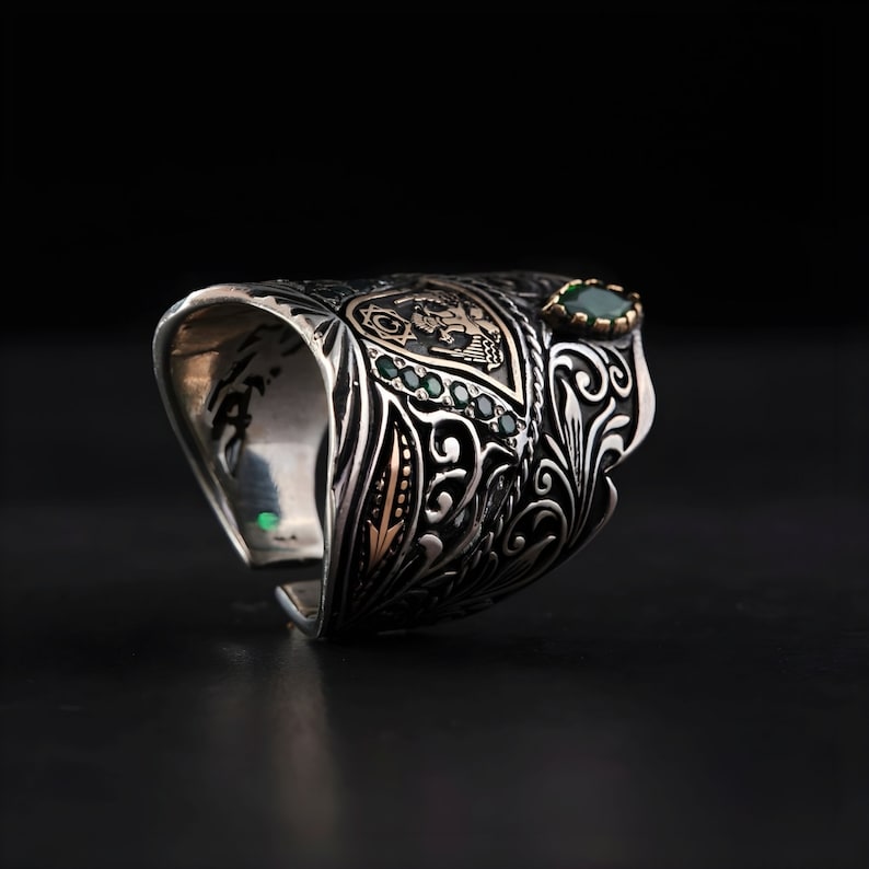 Gental Gems by Karat Kings | Unique Turkish Emperor's Style Signet Thumb Ring studded with Emeralds | Sterling Silver Oxidized Ring