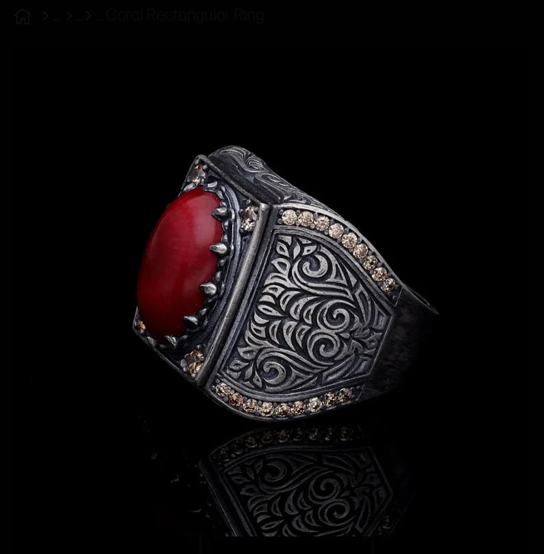 Gental Gems by Karat Kings | Unique Designed Turkish Style Heavy Ring with Natural Red Coral | Sterling Silver Oxidized Ring