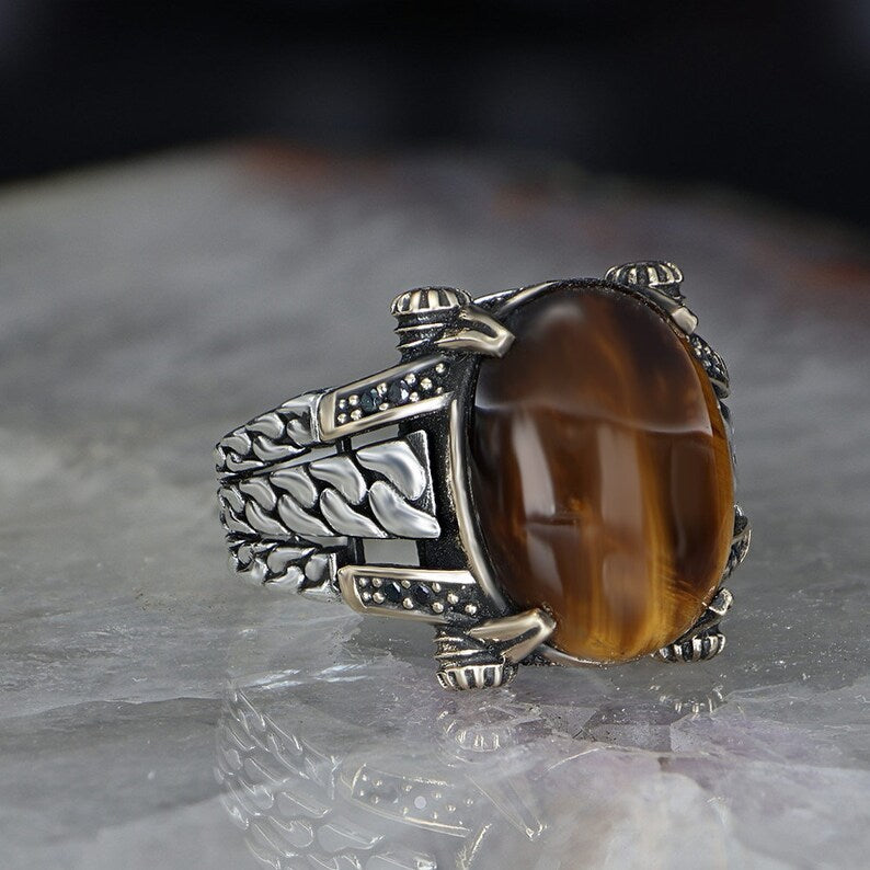 Gental Gems by Karat Kings | Unique Designed Turkish Style Ring with Natural Tiger Eye | Sterling Silver Oxidized Ring