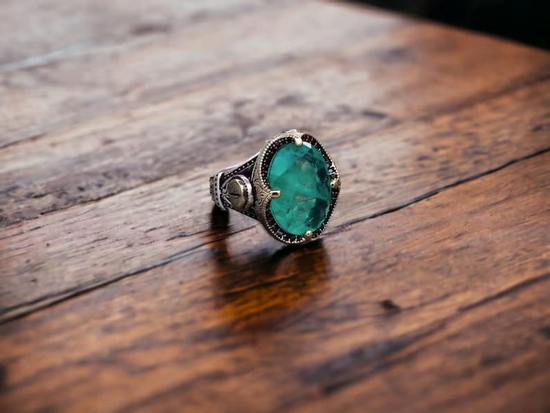 Unique Designed Turkish Style Ring with Emerald | Sterling Silver Oxidized Ring |With Certificate of Authenticity and