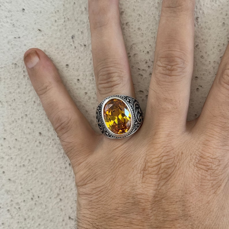 Gental Gems by Karat Kings | Unique Designed Turkish Style Ring with Natural Yellow Citrine , Sterling Silver Oxidized Ring