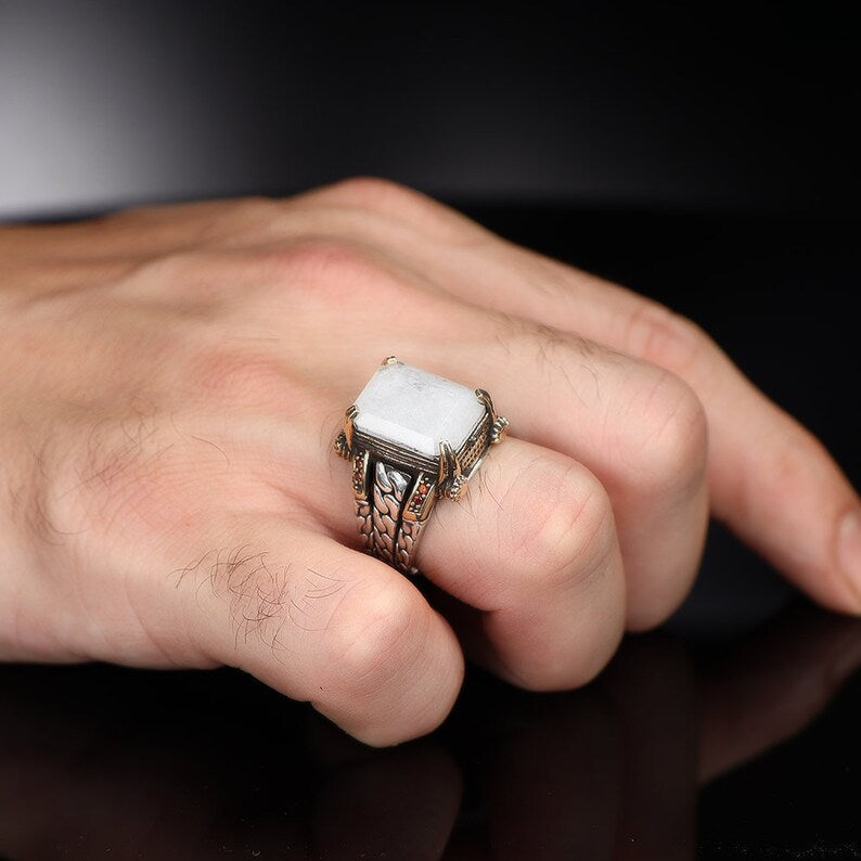 Gental Gems by Karat Kings | Unique Designed Turkish Style Ring with Natural Moonstone | Sterling Silver Oxidized Ring | Men's Jewelry | With Certificate of Authenticity and Hallmark