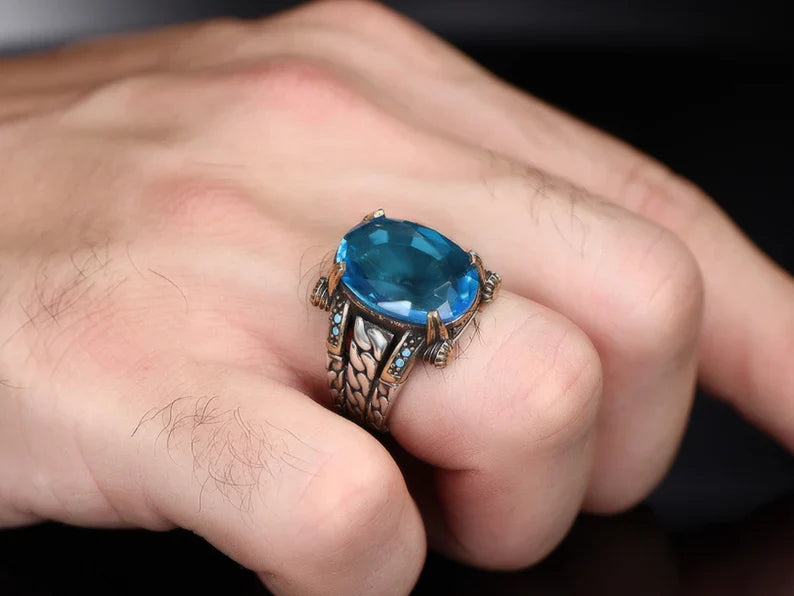 Gental Gems by Karat Kings | Exclusively Designed Ring with Blue Topaz | Sterling Silver Oxidized Ring | Men's Jewelry | With Certificate of Authenticity and Hallmark