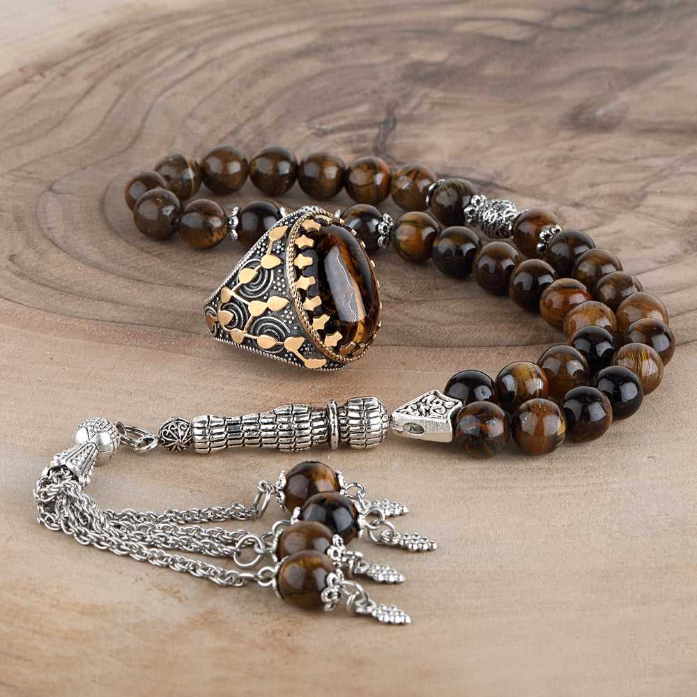 Natural Tiger Eye Set, Rosary and Ring Made Of Silver