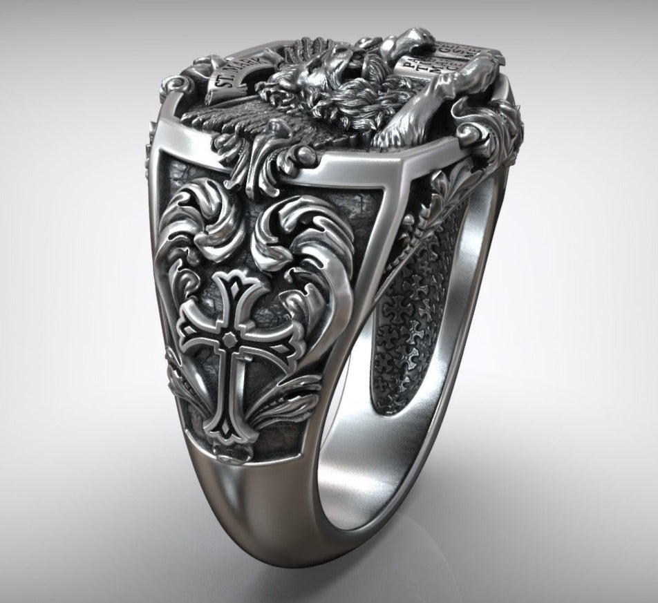 Gental Gems by Karat Kings | Unique Designed St. Mark Lion with Cross Ring | Sterling Silver Oxidized Ring