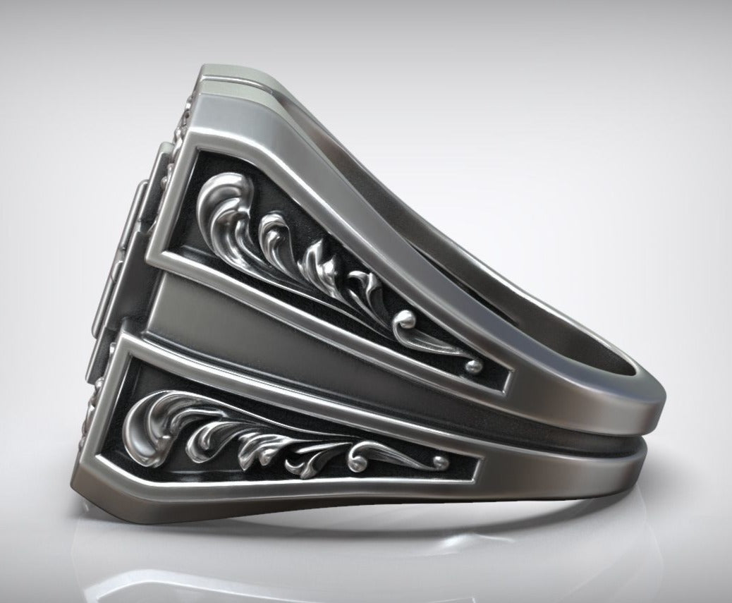 Gental Gems by Karat Kings | Unique Designed Signet Cross Ring in Square Pattern | Sterling Silver Oxidized Ring