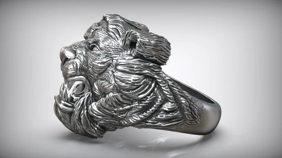 Gental Gems by Karat Kings | Unique Designed Solid Ferocious 3D Tiger Face Ring | Sterling Silver Oxidized Ring | Men's Jewelry | With Certificate of Authenticity and Hallmark