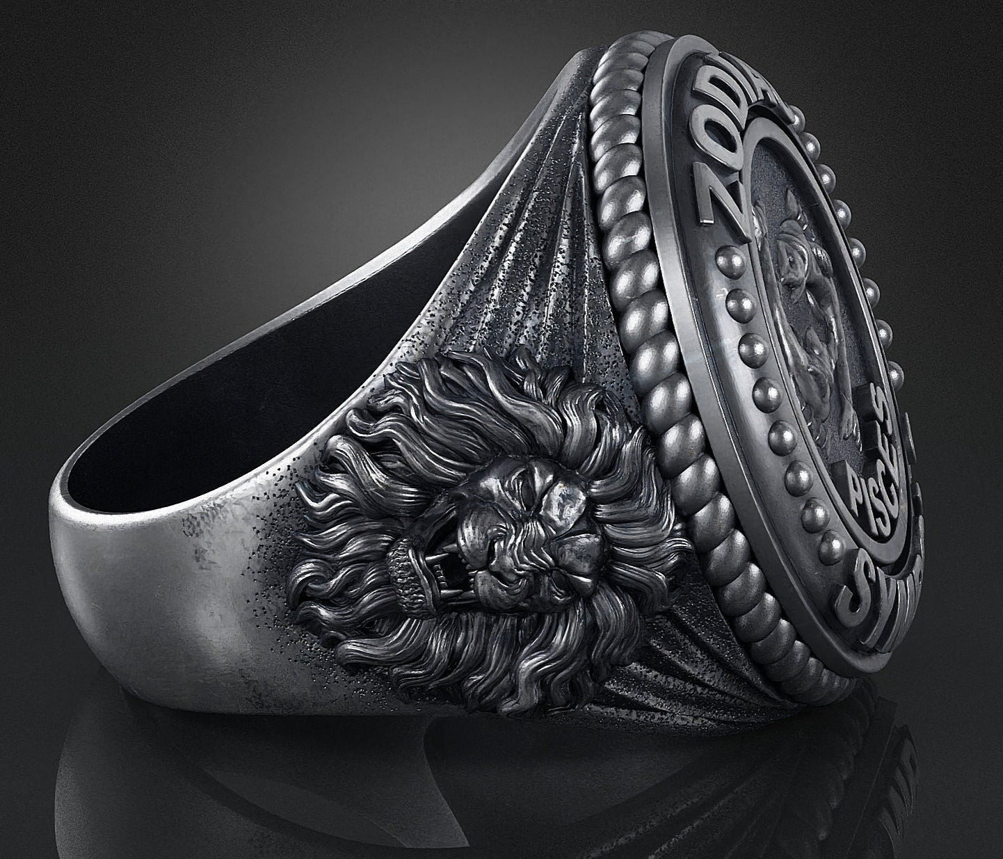 Gental Gems by Karat Kings | Unique Designed Pisces Zodiac Ring with Lion | Sterling Silver Oxidized Ring