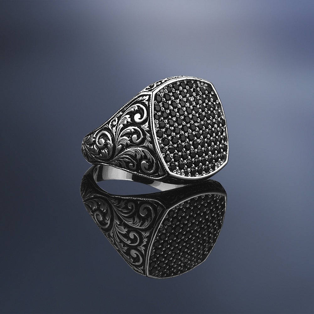 Gental Gems by Karat Kings | Exclusive Classic Cushion Pave Ring Studded with Black Zircons, Sterling Silver  Ring | Jewellery for Men