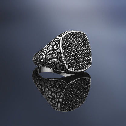 Gental Gems by Karat Kings | Exclusive Classic Cushion Pave Ring Studded with Black Zircons, Sterling Silver  Ring | Jewellery for Men