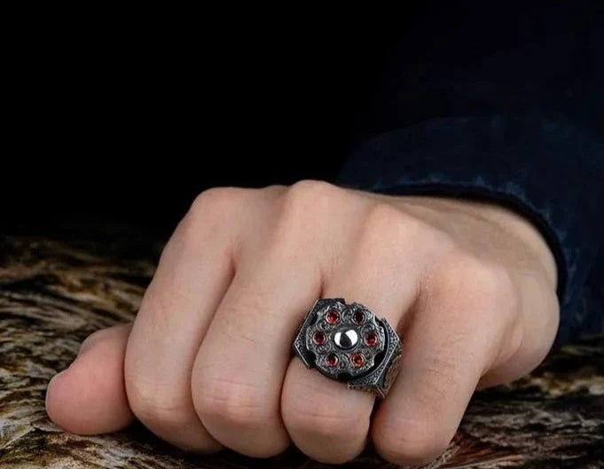 Gental Gems by Karat Kings | Unique Designed Turkish Style Ring with 6 Stone Ruby Ring |  Sterling Silver Oxidized Ring | Men's Jewelry | With Certificate of Authenticity and  Hallmark