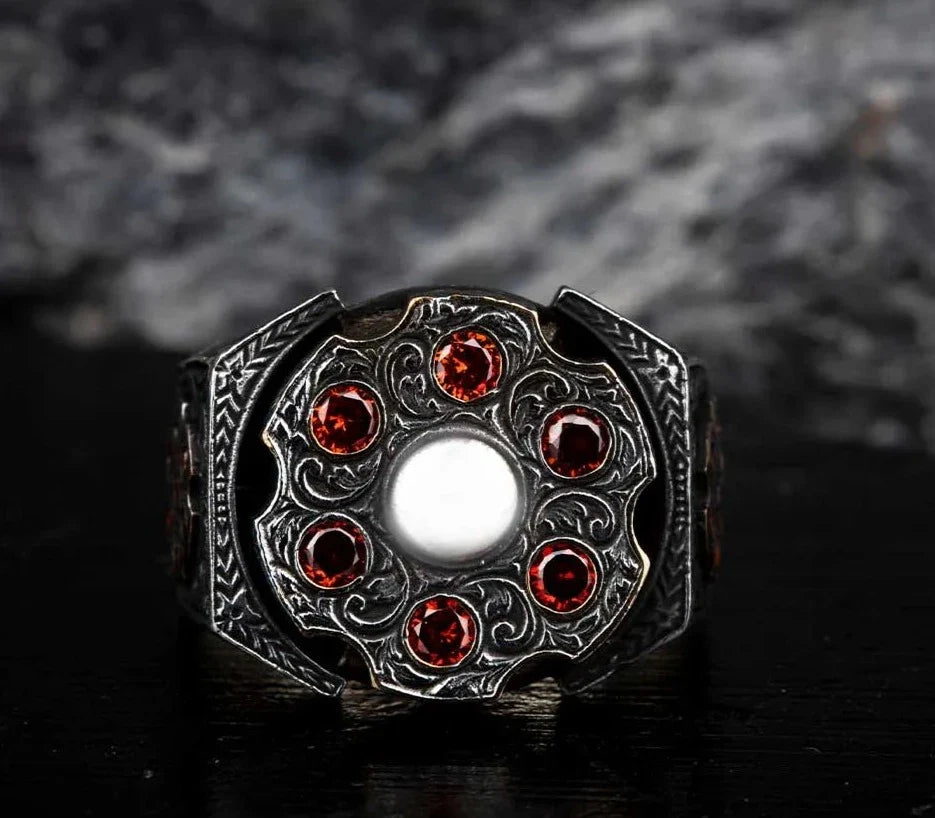 Gental Gems by Karat Kings | Unique Designed Turkish Style Ring with 6 Stone Ruby Ring |  Sterling Silver Oxidized Ring | Men's Jewelry | With Certificate of Authenticity and  Hallmark