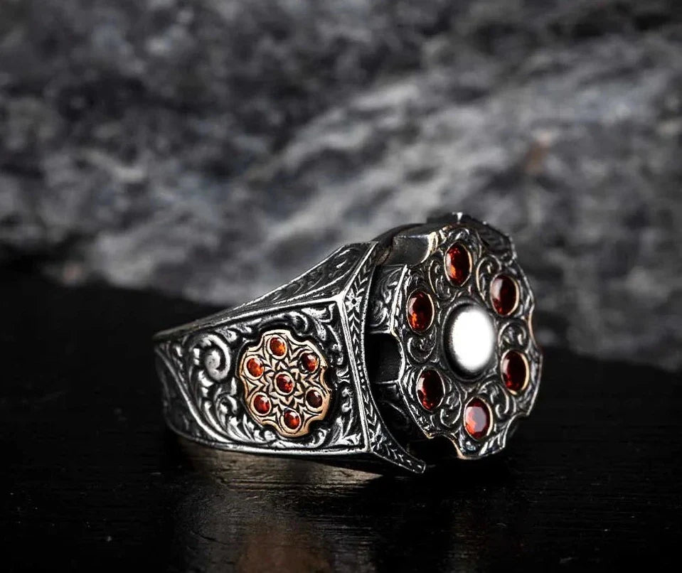 Gental Gems by Karat Kings | Unique Designed Turkish Style Ring with 6 Stone Ruby Ring |  Sterling Silver Oxidized Ring | Men's Jewelry | With Certificate of Authenticity and  Hallmark