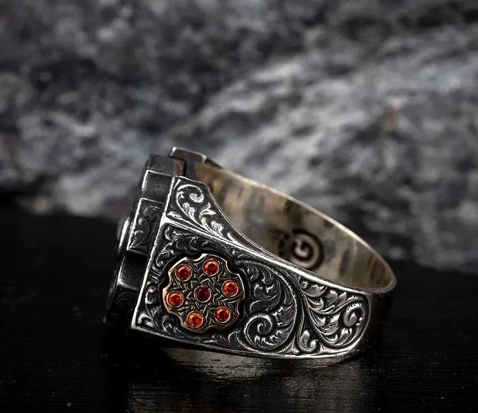 Gental Gems by Karat Kings | Unique Designed Turkish Style Ring with 6 Stone Ruby Ring |  Sterling Silver Oxidized Ring | Men's Jewelry | With Certificate of Authenticity and  Hallmark