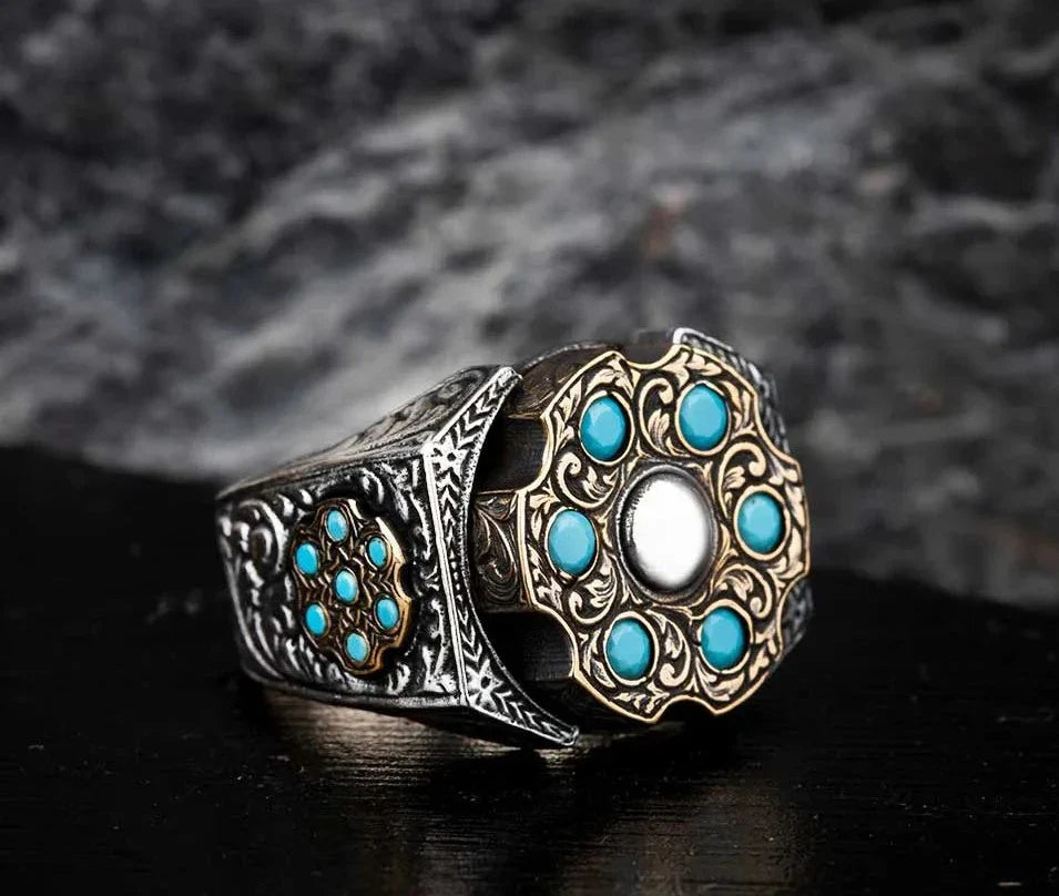 Gental Gems by Karat Kings | Unique Designed Turkish Style Ring with 6 Stone Turquoise Ring |  Sterling Silver Oxidized Ring | Men's Jewelry | With Certificate of Authenticity and  Hallmark