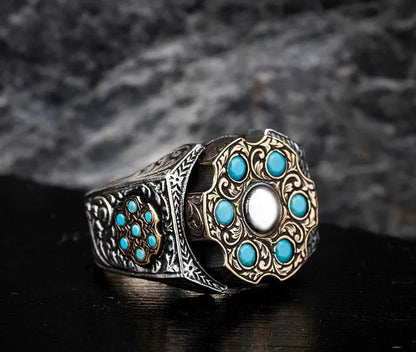 Gental Gems by Karat Kings | Unique Designed Turkish Style Ring with 6 Stone Turquoise Ring |  Sterling Silver Oxidized Ring | Men's Jewelry | With Certificate of Authenticity and  Hallmark