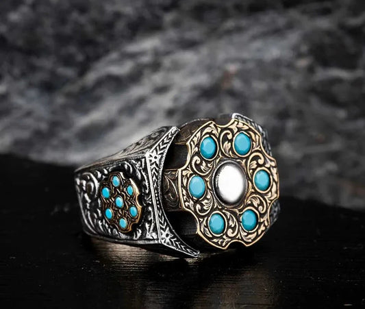 Gental Gems by Karat Kings | Unique Designed Turkish Style Ring with 6 Stone Turquoise Ring |  Sterling Silver Oxidized Ring | Men's Jewelry | With Certificate of Authenticity and  Hallmark